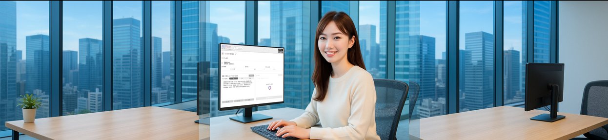 実写風の女性が翻訳ノートをオフィスで使っているヒーローエリア画像